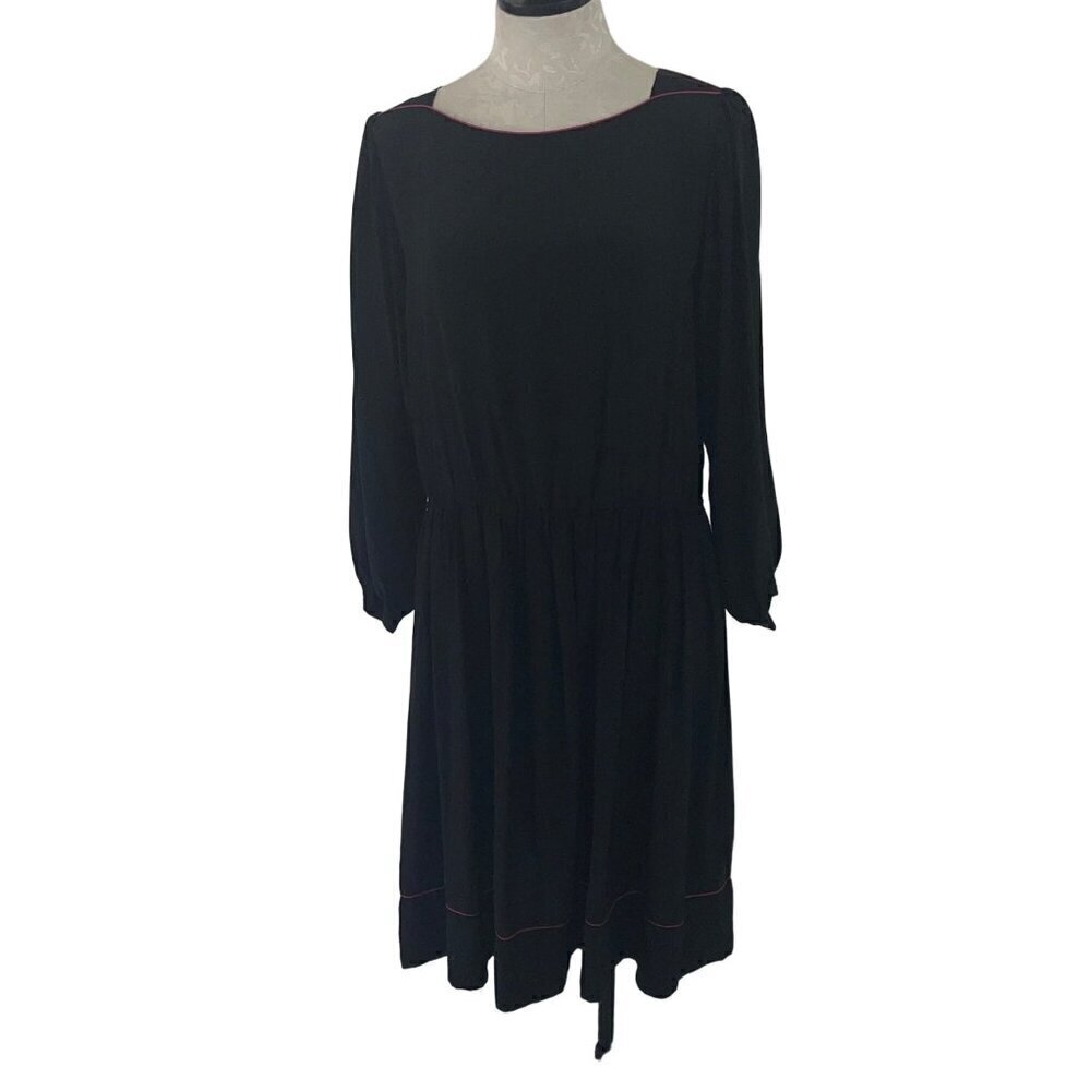 Royal Silk Vintage Womens Dress Size 10 Black Midi Pleated Long Sleeve Belt